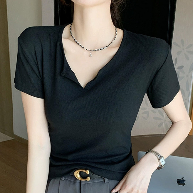 반야스토리 여성용 슬림 버튼 브이넥 반팔 티셔츠 QQ102