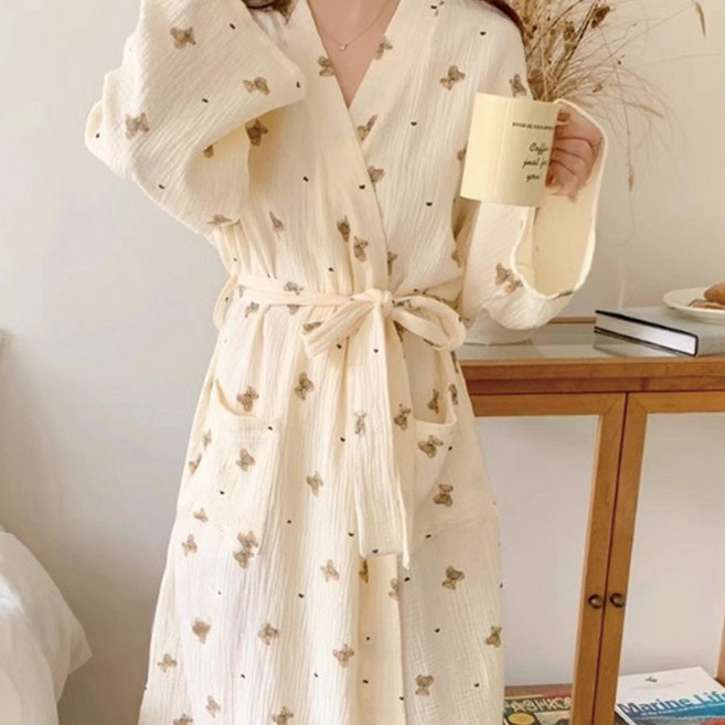 마켓플랜 슬림핏 곰돌이 패턴 다용도 샤워가운 M, 아이보리, 1개