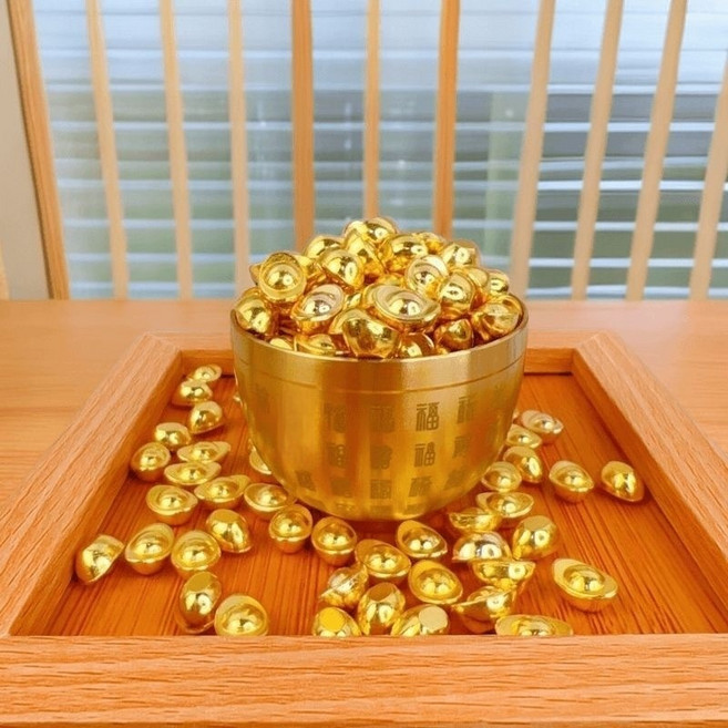 젠리브 운수 재물운 금전운 풍수 항아리 소품 + 금화 세트, 골드