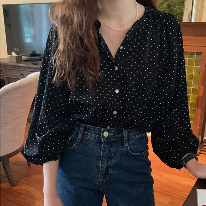 디멜디 여성용 점무늬 브이넥 블라우스 셔츠
