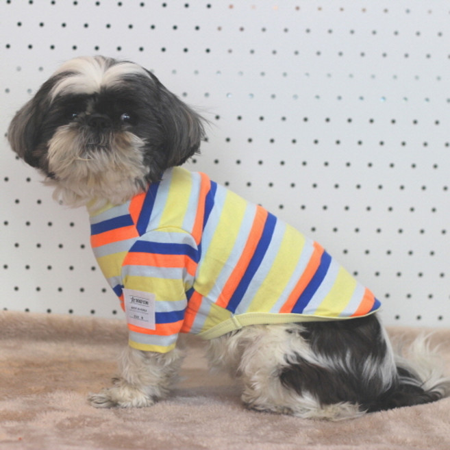 도기스타 강아지 단가라 면 티셔츠, 연노랑 + 연민트, 1개