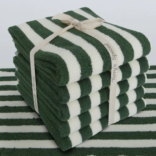 테리파머 스트라이프 디자인 선염 호텔 수건 180g 30수 코마사, 그린 + 아이보리, 5개 - 쿠팡