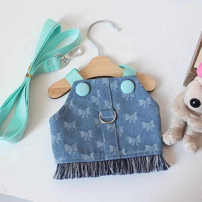 코코스튜디오 강아지 데님 프린지 멜빵 하네스 세트, 연청, 1세트