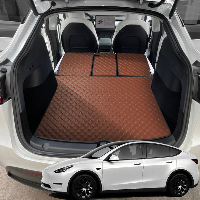 지엠지모터스 퀼팅 가죽 트렁크매트 풀세트, 테슬라 모델Y 롱레인지, 브라운