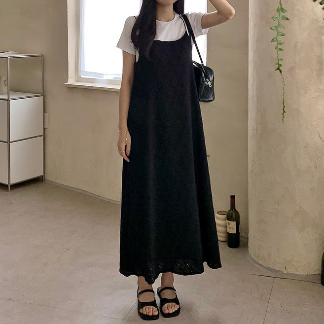 여성용 소이트 플라워 펀칭 끈나시 A라인 원피스 롱