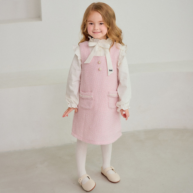 헤이미니 여아용 진주장식 트위드 원피스