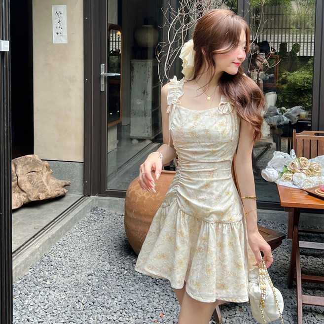 PEONIST 荷葉邊無袖碎花圖案迷你連身裙, 黃色