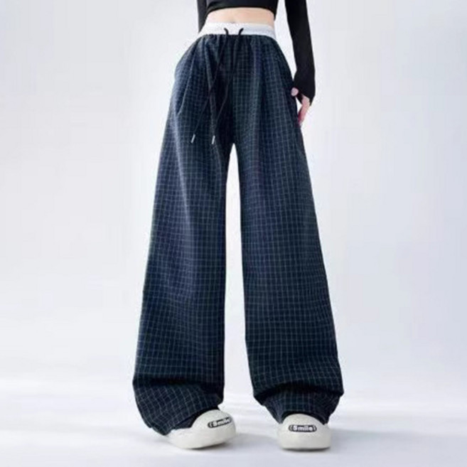 I CAN SIMPLE 女款格紋拼色鬆緊帶寬褲