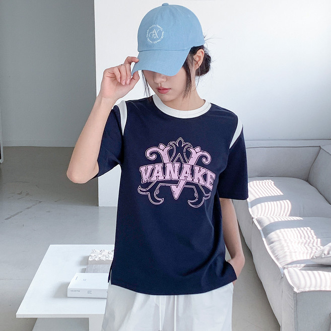 반에이크 여성용 어깨 배색 프린트 반팔 티셔츠