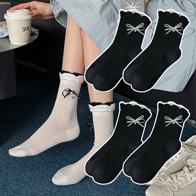 데이소이 여성용 진주 리본 패션 양말 4켤레