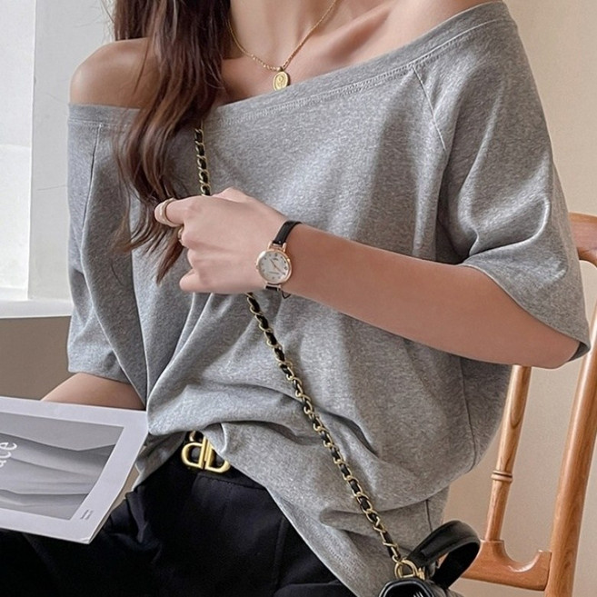 아이엠몽 여성용 루즈핏 오프숄더 무지 반팔 티셔츠 R6H005