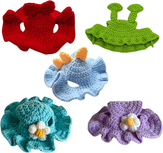 毛皇上 寵物頭套編織帽, 1組, 紅蝴蝶 + 荷葉 + 恐龍 + 天青藍花 + 紫花