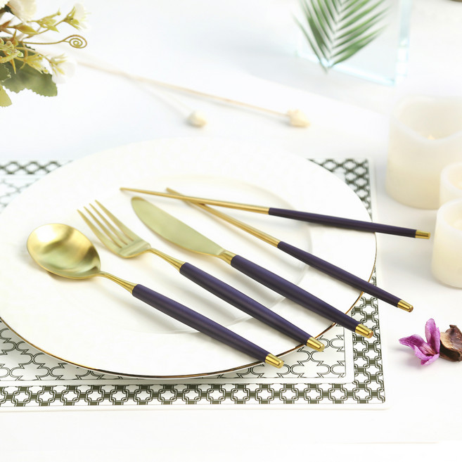 보겐 국산 르비앙 골드 디너 커트러리 4종 세트, 바이올렛, 디너나이프 + 디너포크 + 숟가락 + 젓가락, 1세트