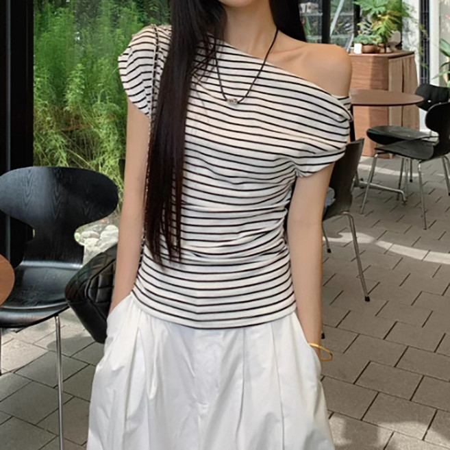 Dotif 女款基本款條紋露肩T恤 T25SS1-A2067