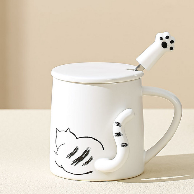 모던지 꼬리치는 냥이컵 8 x 9 cm + 뚜껑 + 수저 세트 YJ748, D, 1세트