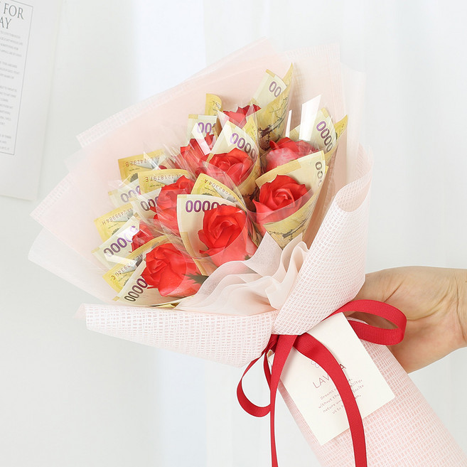 LAVINA 10朵香皂玫瑰鈔票花束 + 提袋組, 鬆餅紅(花束), 1套