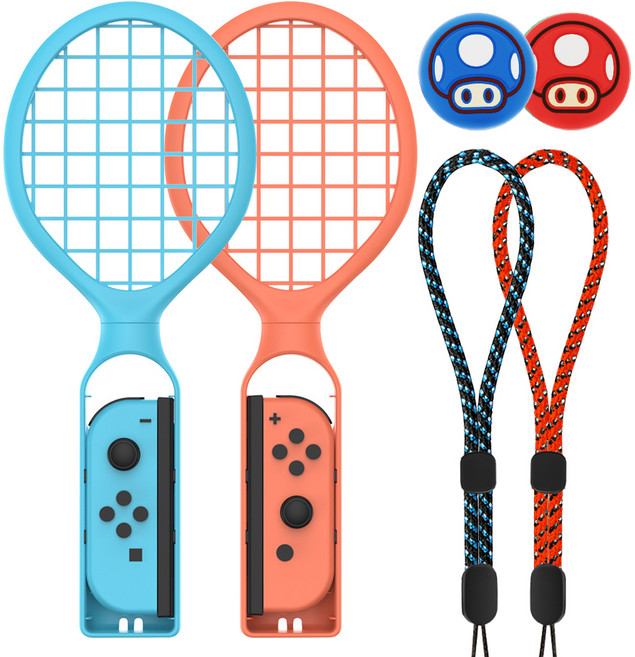 스페이스쉴드 플레이핏 스포츠 피버 테니스 라켓 2종 + 슈퍼 머쉬룸 스틱캡 2종 세트, 블루, 레드(스틱캡), 1세트, 닌텐도 스위치 OLED 조이콘