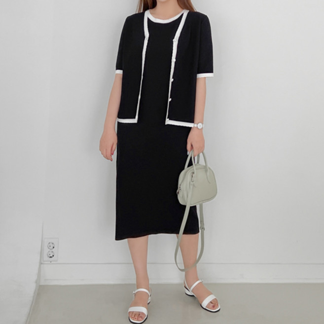 로미스토리 여성용 빅사이즈 물결 배색 셋업 가디건