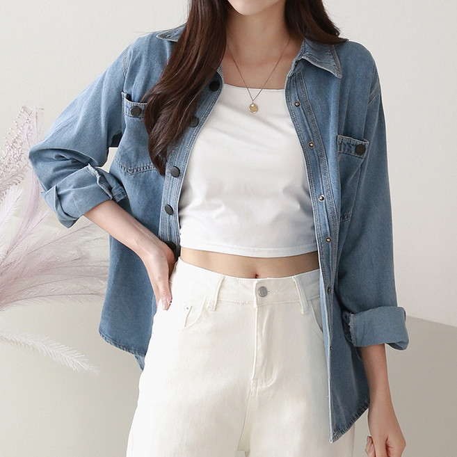 페이릿 여성용 퀸이즈 데일리 투포켓 데님 셔츠형 자켓