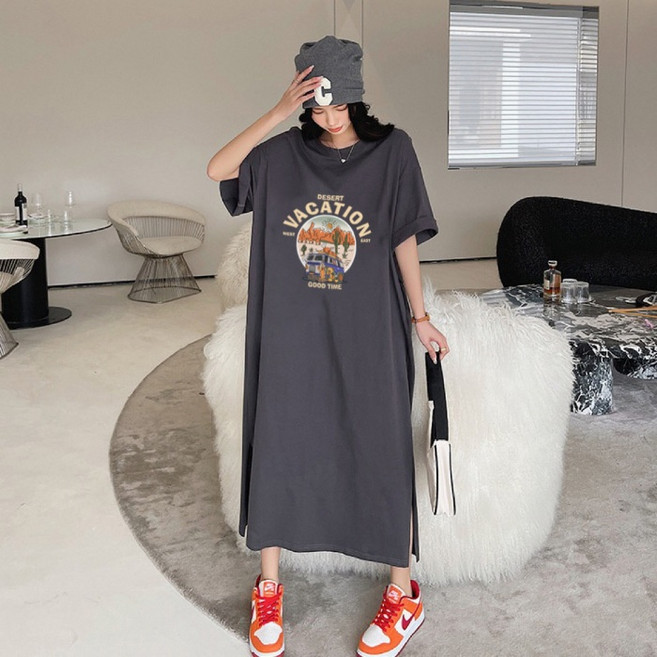 DMELD 孕婦度假風印花寬鬆長版短袖連身裙