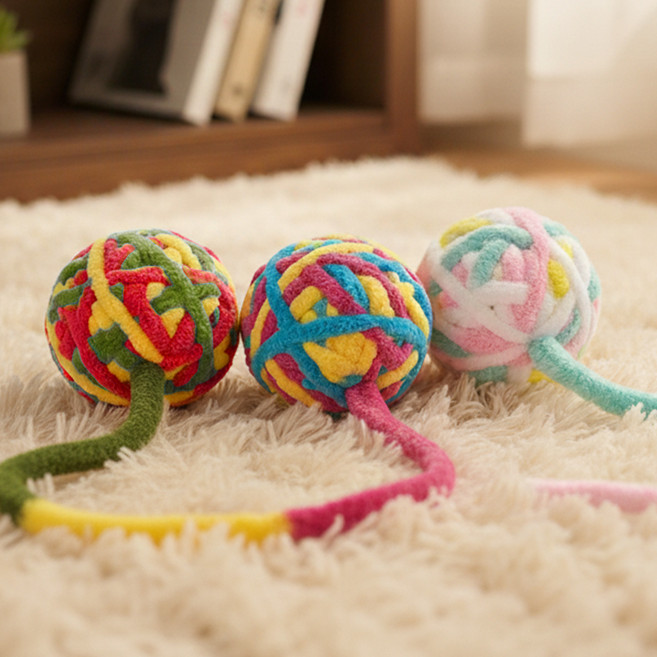 언더보스 고양이 보들보들 털실공 장난감 3종 세트, 혼합색상, 1세트