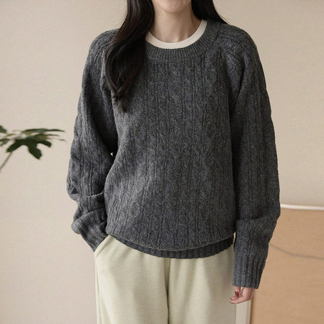 앤드스타일 여성용 웜소프트 6탄 울혼방 케이블 라운드넥 루즈핏 데일리 니트 264995