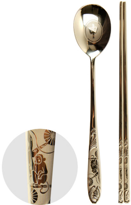 윌리브 국산 304스텐 띠 수저, 원숭이, 숟가락+젓가락, 1개