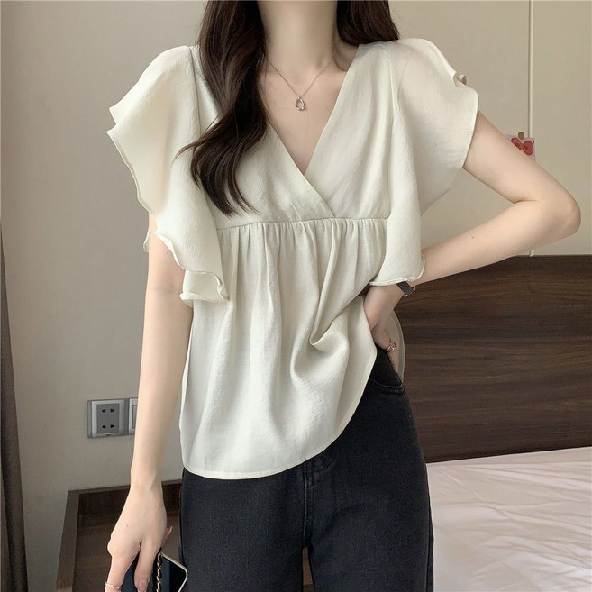 TheSirup 女款V領喇叭袖雪紡無袖上衣