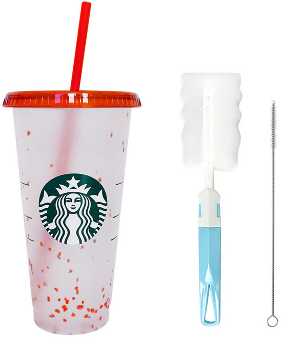 STARBUCKS 星巴克 夏季派對彩紙變色可重複使用冷飲杯 + 清潔刷禮物套組, 紅色(冷飲杯), 隨機發貨(清潔刷), 710ml, 1個