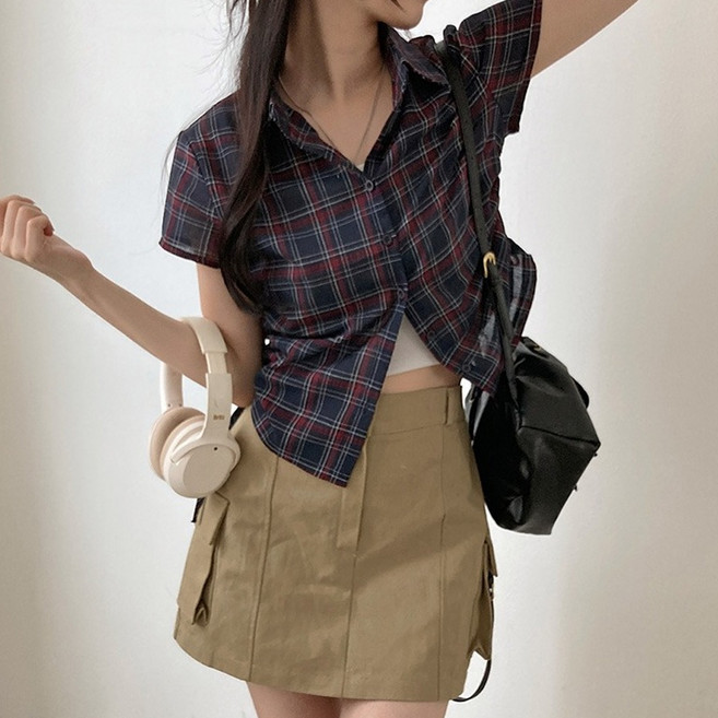 닷이프 여성용 사이드 셔링 체크 반팔 셔츠 D263-0259