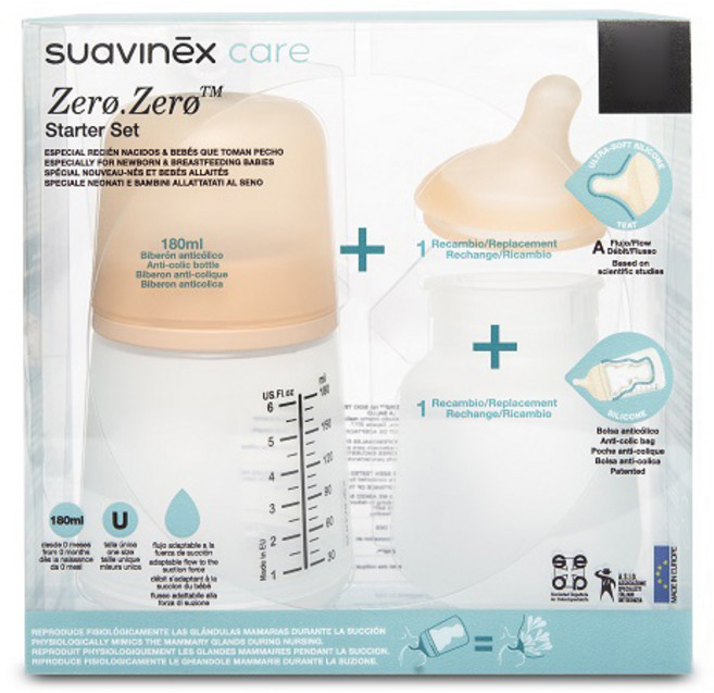 suavinex 蘇維妮 Zero.Zero 仿母乳觸感矽膠奶瓶 + 替換防脹氣奶瓶內袋 + 替換奶嘴 0個月以上, 彩色, 180ml, 1組