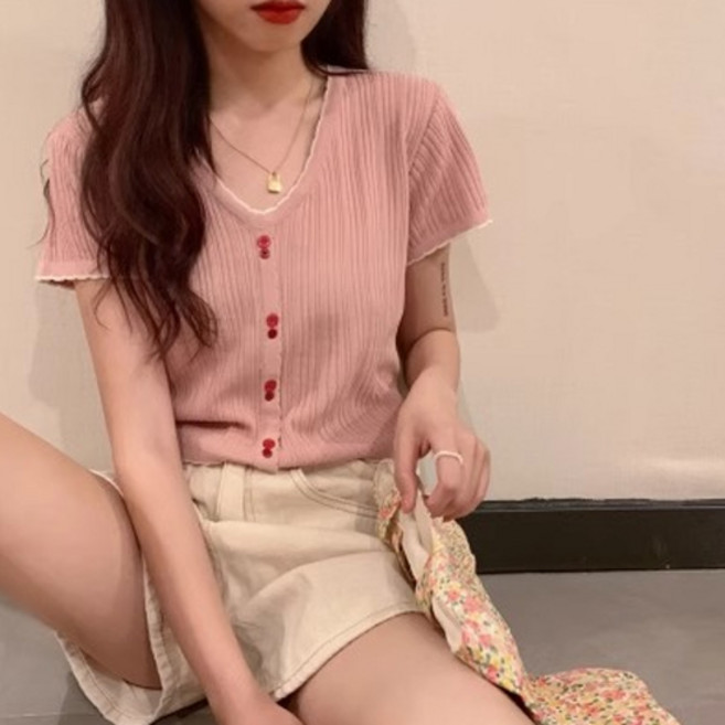 여성용 스캘럽 브이넥 크롭 슬립 니트 반팔 티셔츠