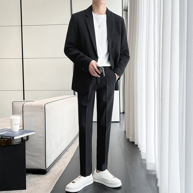 엘쏘 남성용 빅사이즈 베이직 캐주얼 하객룩 면접정장 상하의 세트