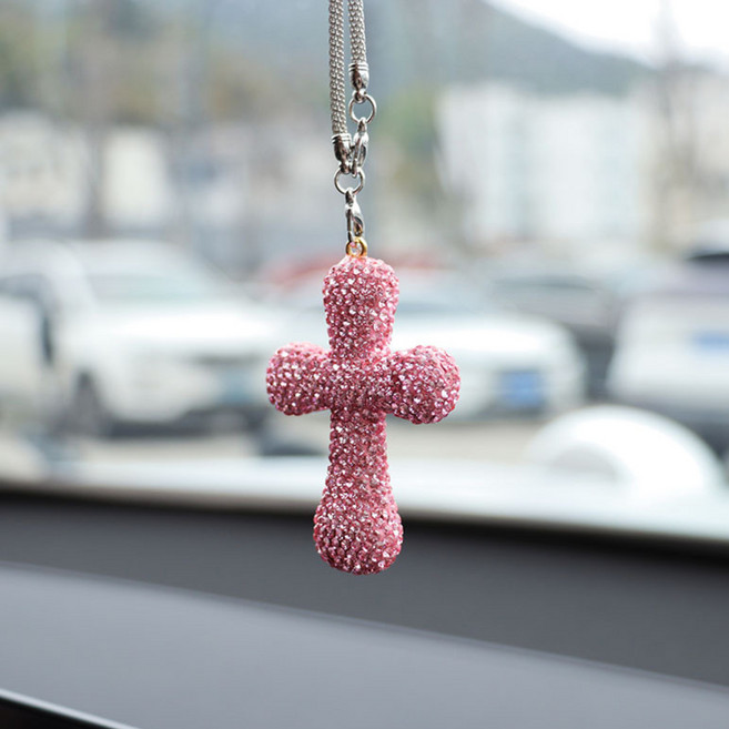오토크루 차량용 크리스탈 큐빅 룸미러 십자가 펜던트, 베이비핑크, 1개