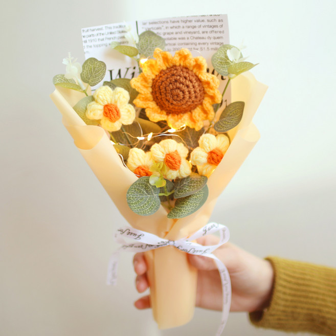 스투피드 해바라기 니트 뜨개질 꽃다발 + 쇼핑백, 옐로우, 1개