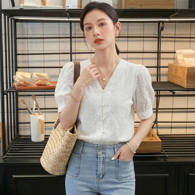 마켓에이 여성용 레이스 퍼프 러블리 반팔 블라우스 M263-0466C