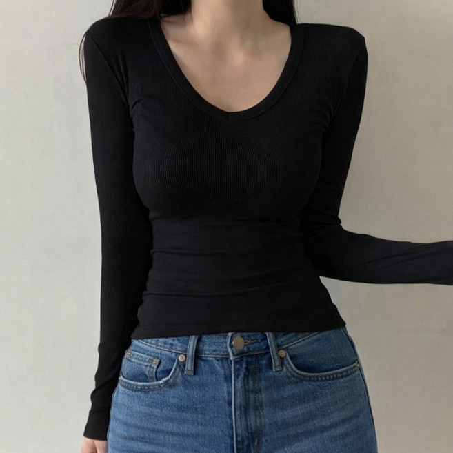 라라온 여성용 스판 골지 브이넥 슬림 긴팔 티셔츠 26TSP3716