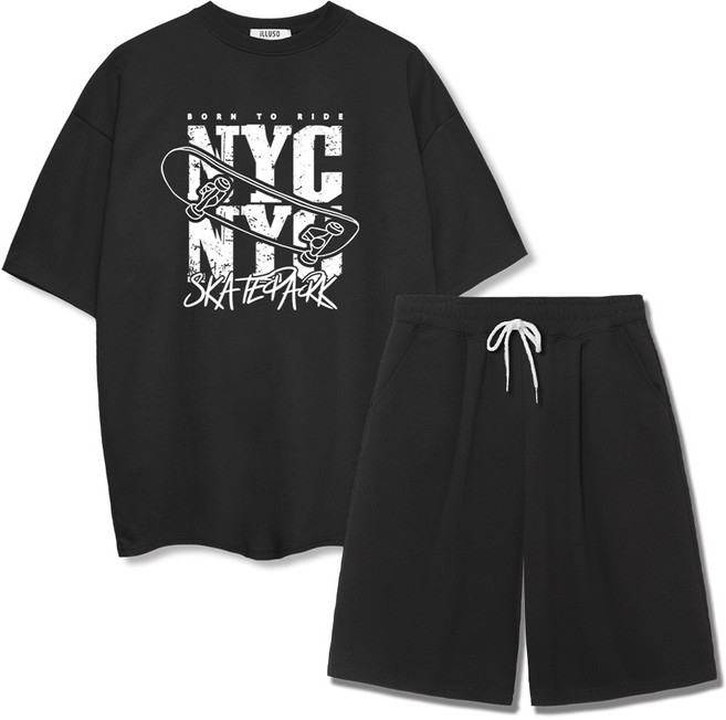 일루소 남성용 특양면 NYC보드 반팔 티셔츠 버뮤다 원턱 트레이닝 반바지