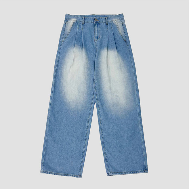 플레이즈 남성용 투핀턱 브러쉬워싱 와이드 데님 팬츠