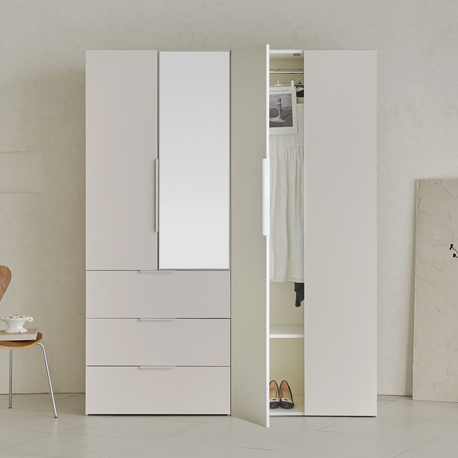 웰퍼니쳐 카린 1단 행거형 + 3단 거울서랍형 높은 옷장 세트 방문설치, 매트 아이보리