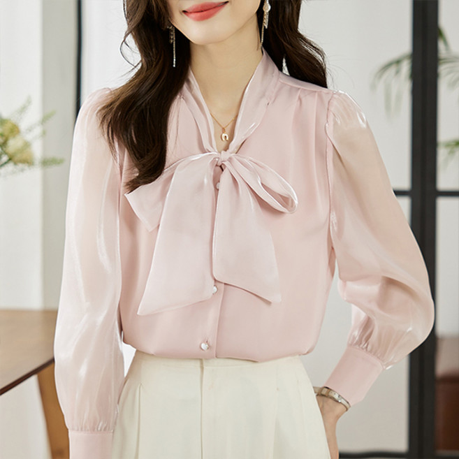 포플러앤씨 여성용 트랫퍼드 쉬폰 리본 블라우스 P26SPBL012005