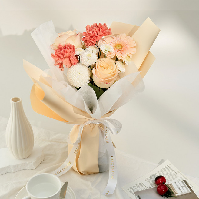 코코도르 생화 코랄피치 믹스 꽃다발, 피치 + 코랄