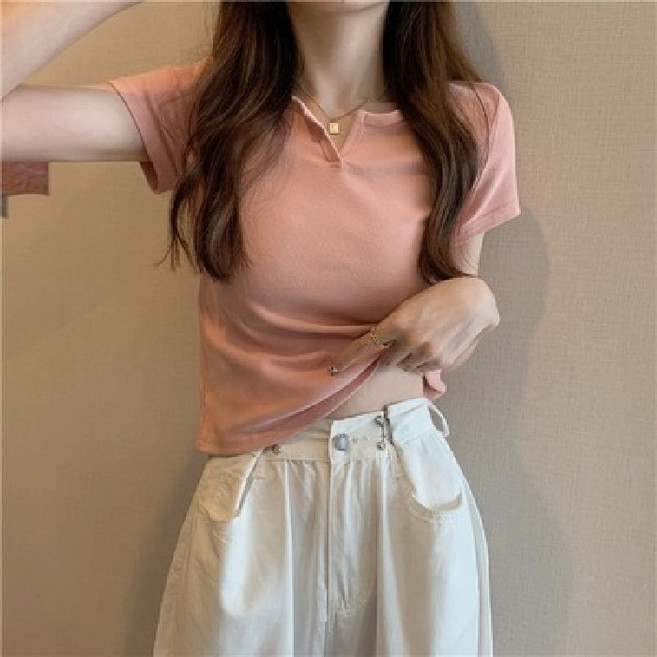 디멜디 여성용 슬림 브이넥 크롭 단색 반팔티셔츠