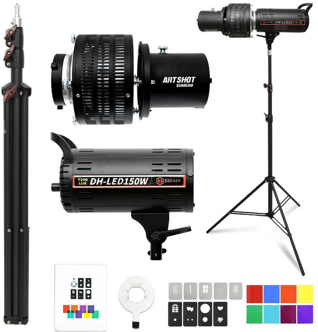 대한 촬영 스튜디오 사진관 인물 액세서리 소품 상품 주얼리 제품 조명 썬빔라이트 + 조명 라이트 삼각대 거치대 + 옵티컬 스누트 컬러 필터 아트샷 키트 세트, 1세트, KIT-SUNAT01