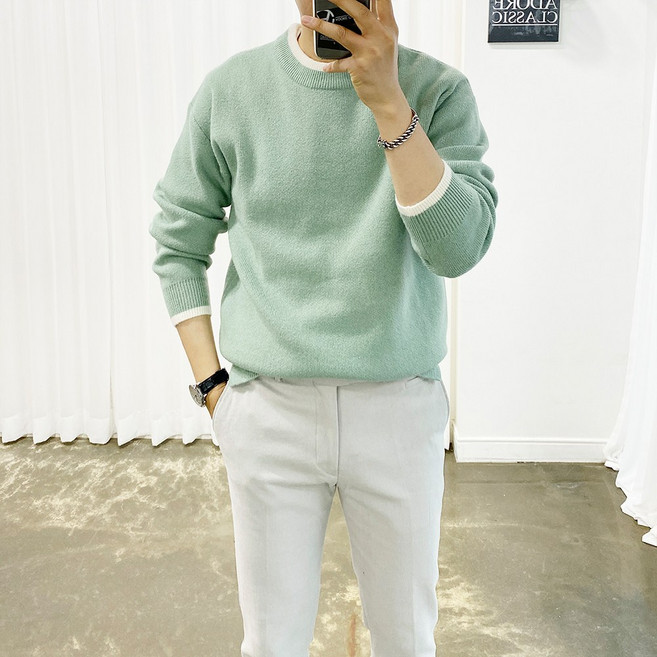 아도르클래식 남성용 캐시미어 배색 라운드 긴팔 니트