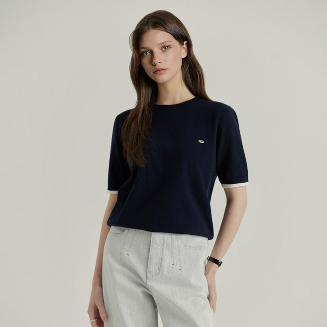 클라비스 여성용 촉감 소매배색 반팔 풀오버 니트