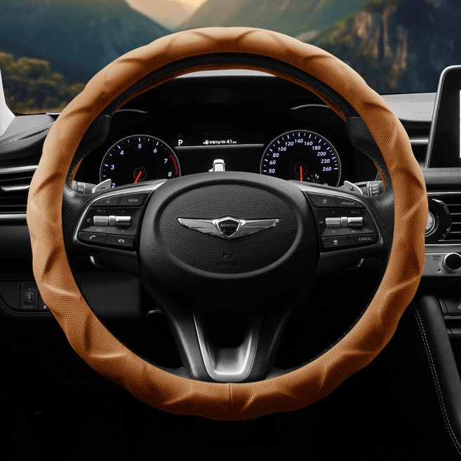 엑스핏 가죽 순정형 타공 차량용 다이아몬드 그립 핸들커버, 레더브라운