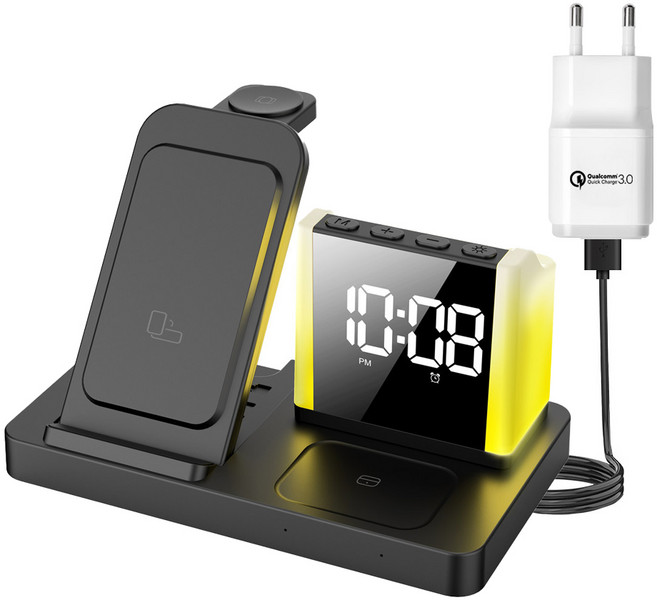 유엠투 8in1 올인원 탁상 알람 시계 고속 무선 충전기, 블랙, 1개
