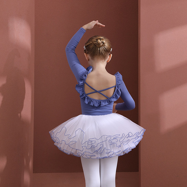 Bebeniz 女童交叉綁帶荷葉邊長袖連體衣 + 紗裙芭蕾舞服套裝