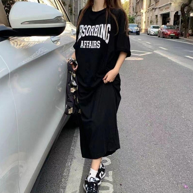 안다로미 풀오버 빅사이즈 영문 나염 박스 원피스